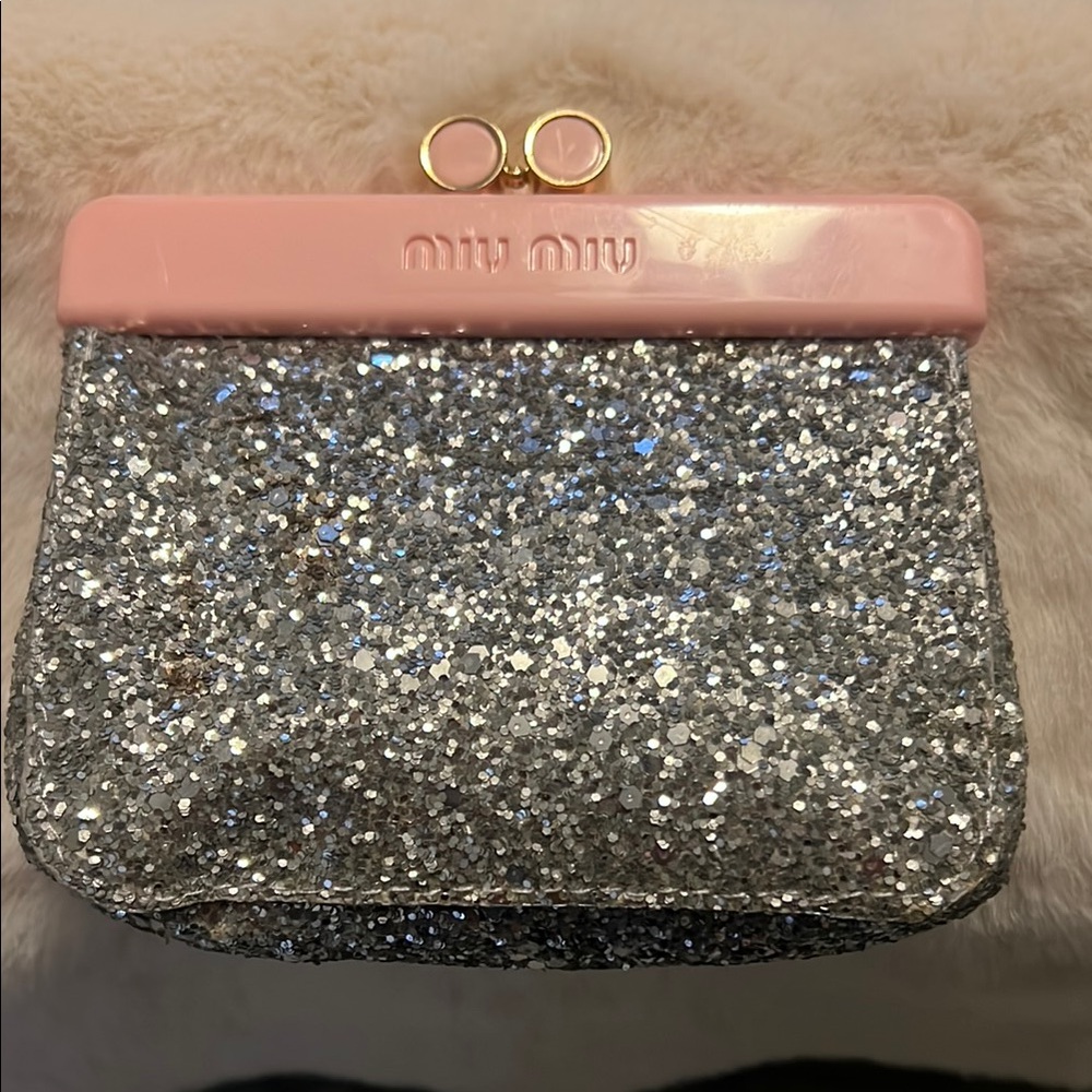 Miu Miu Silver and Pink Cosmetic Bag with Glitter Finish